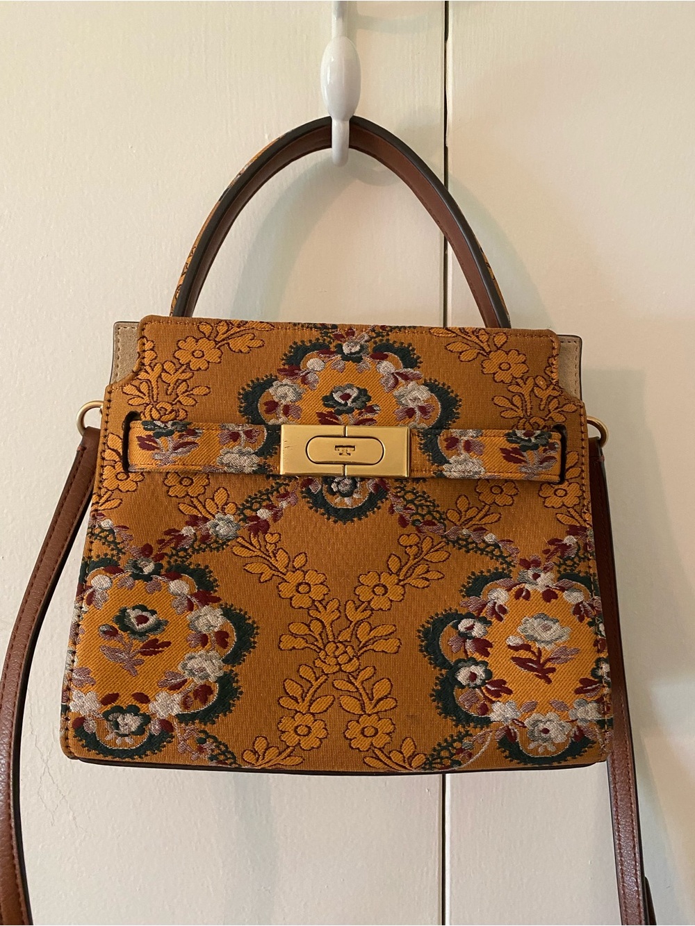 Tory Burch Mustard Floral Jacquard Top-Handle Bag with Gold Hardware